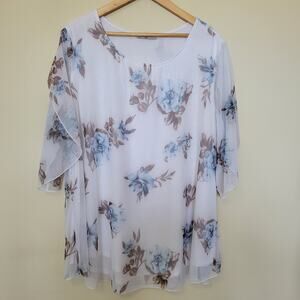 EUC SeSe Code 3XL Floral Layered Lined Sheer Flutter Sleeve Pullover Scoop Neck